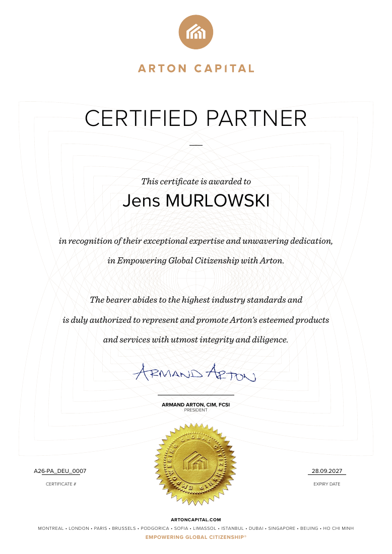 Arton Capital Certified Partner Zertifikat für Jens Murlowski